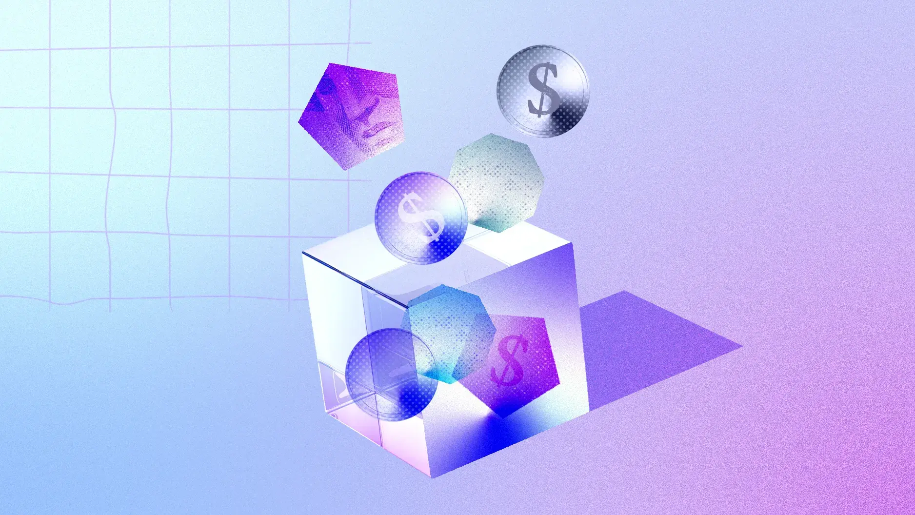 a cube with coins and dollar signs