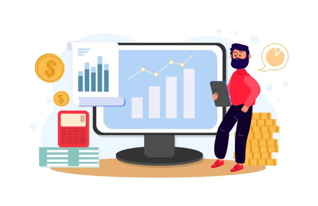 Homem analisando gráficos de crescimento financeiro e investimentos com computador, moedas, dinheiro e uma calculadora.