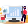 Homem analisando gráficos de crescimento financeiro e investimentos com computador, moedas, dinheiro e uma calculadora.