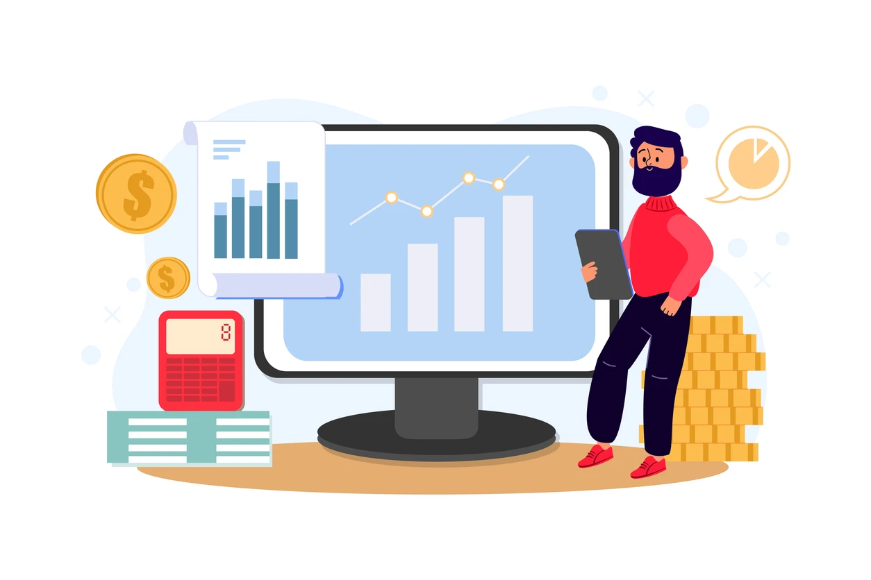 Homem analisando gráficos de crescimento financeiro e investimentos com computador, moedas, dinheiro e uma calculadora.