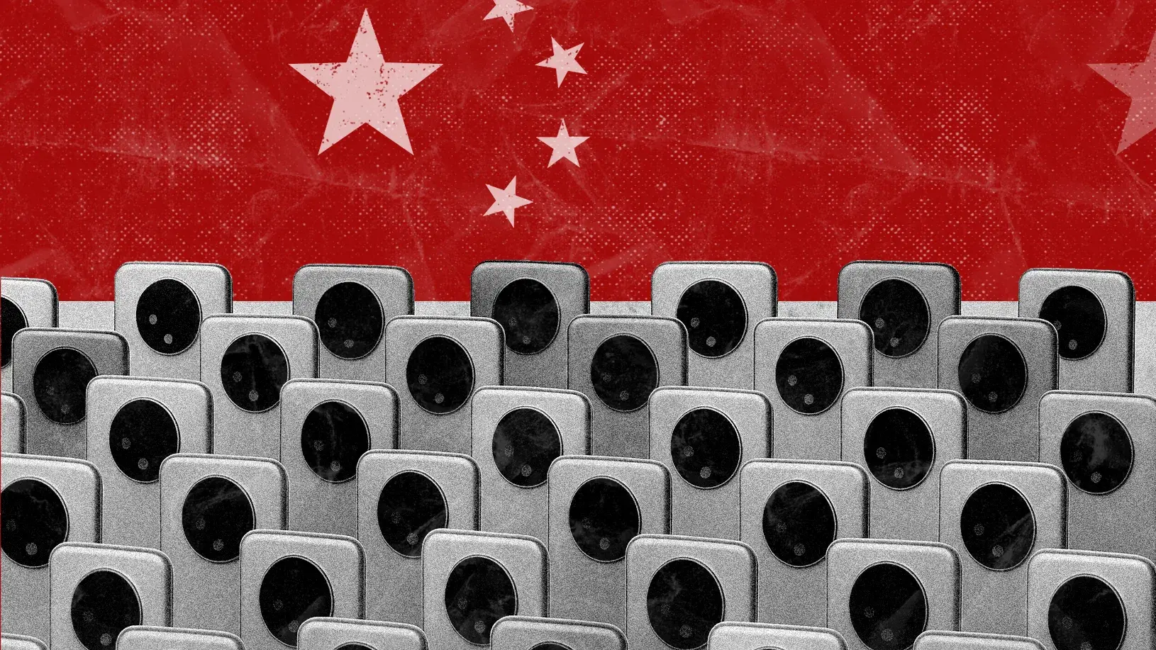 Imagem mostra vários aparelhos celulares enfileirados com a bandeira da China ao fundo