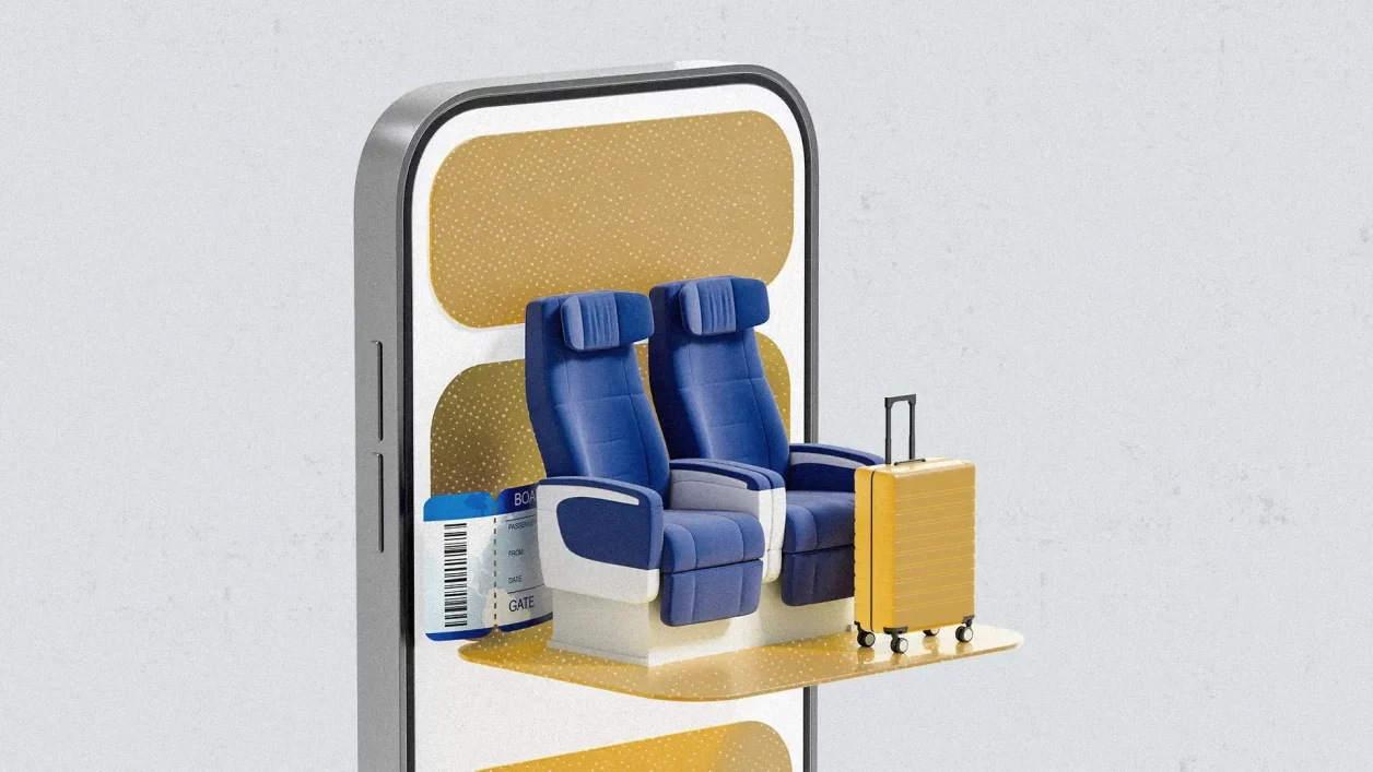 Imagem mostra dois assentos de avião saindo da tela do celular