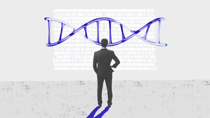 Homem observa o desenho de um DNA. No Vale do Silício, casais escolhem filhos geneticamente