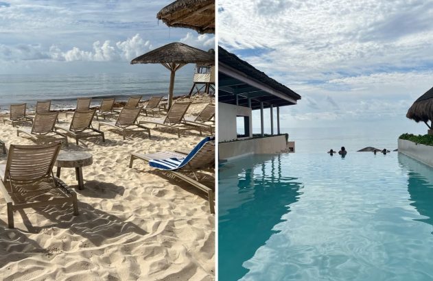 praia de resort no México, à esquerda na areia, à direita vista do mar