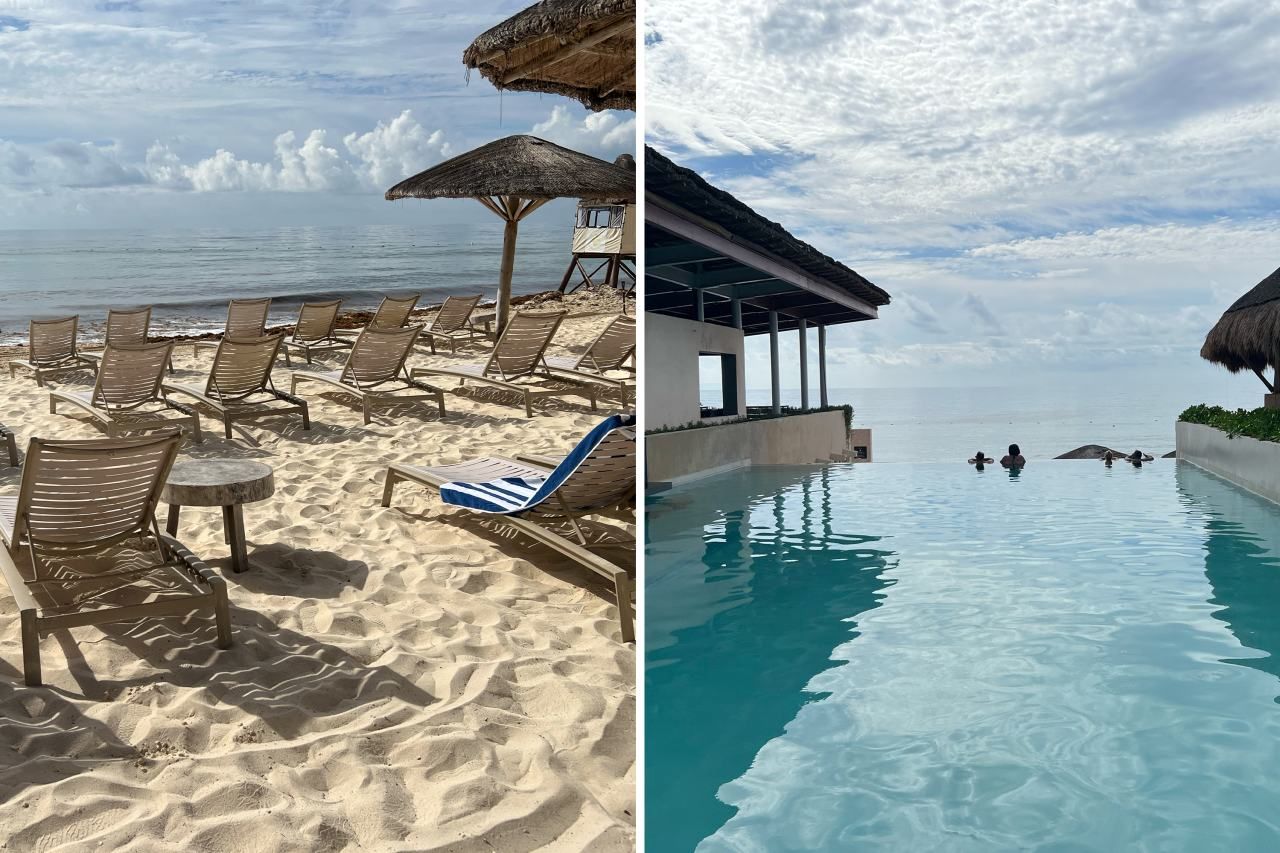 praia de resort no México, à esquerda na areia, à direita vista do mar