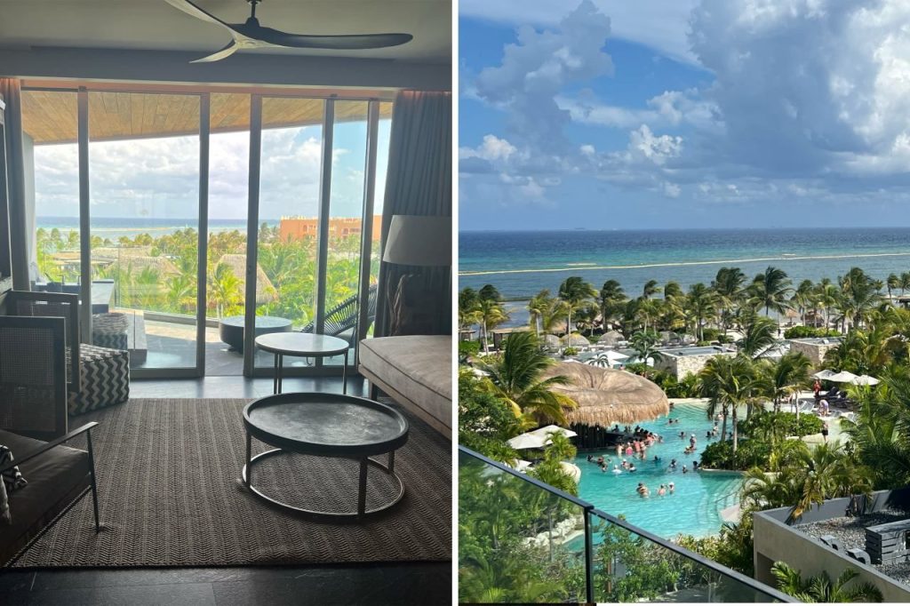 Vista do quarto de um resort no México, à esquerda se vê os coqueiros, à direita um grupo de pessoas na piscina, comcoqueiros em volta