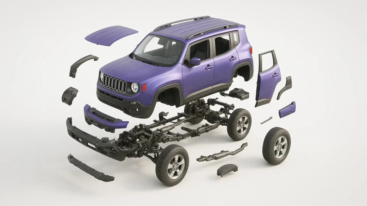 Jeep Renegade com as peças à mostra, em imagem "estourada"