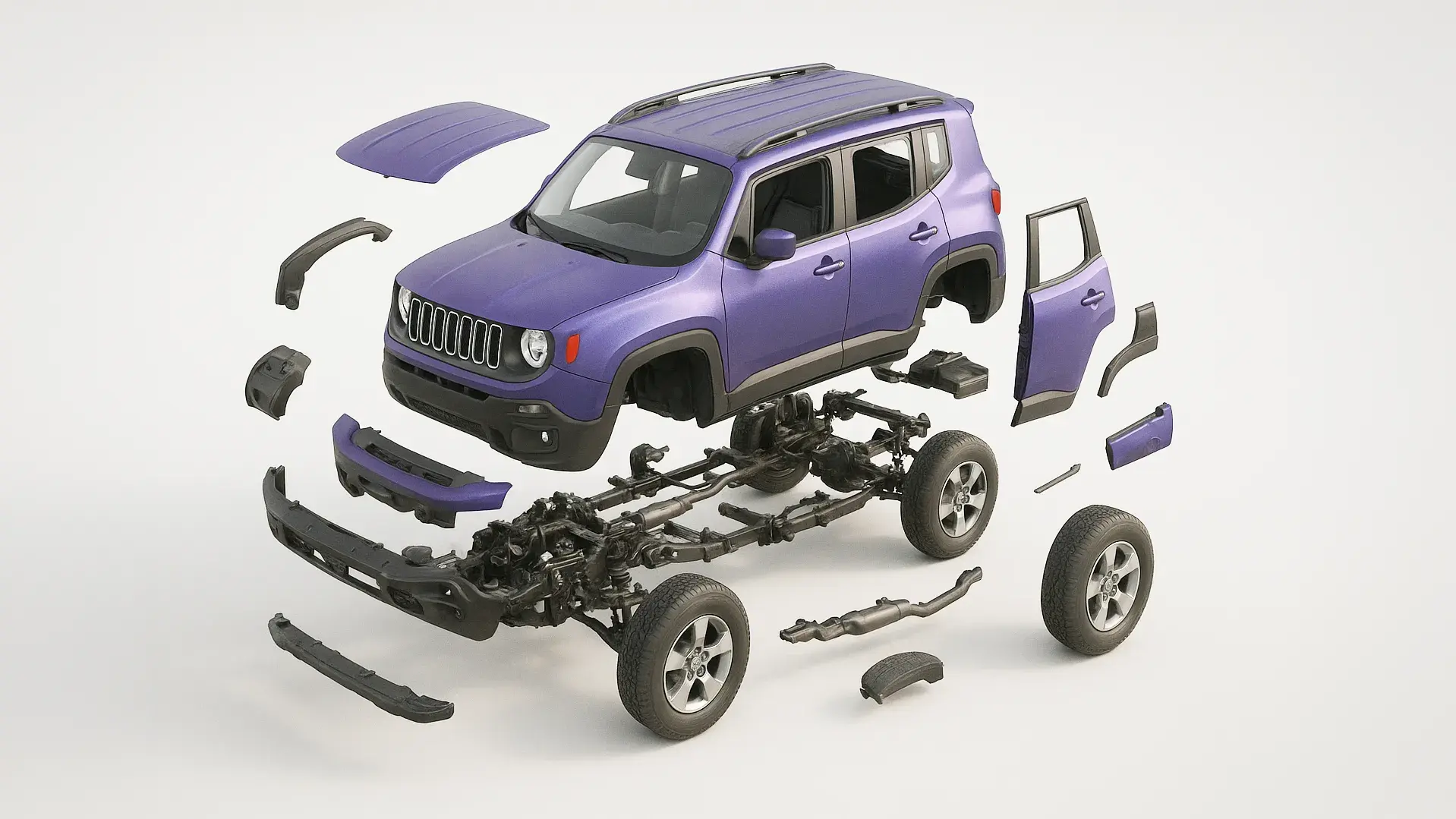 Jeep Renegade com as peças à mostra, em imagem "estourada"
