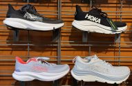 quatro tênis da marca Hoka, que tem solado alto