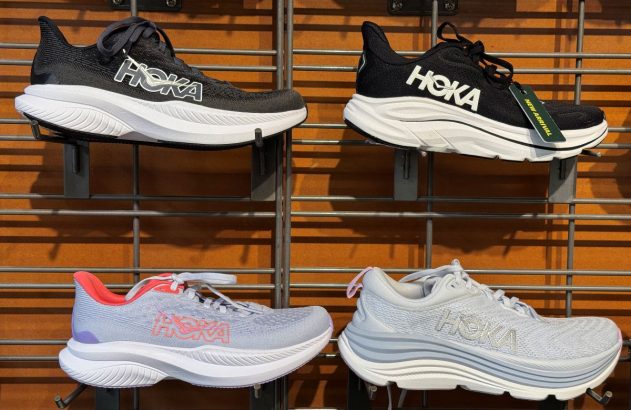 quatro tênis da marca Hoka, que tem solado alto