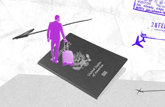 Montagem traz um homem com mala sobre um passaporte americano para ilustrar reportagem sobre nova regra de Donald Trump, que impôs uma taxa de US$ 100 mil ( cerca de R$ 530 mil) para a solicitação do visto H-1B — amplamente usado por empresas americanas para trazer profissionais qualificados do exterior