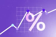Imagem mostra um símbolo de percentual em um fundo roxo com um gráfico de linha apontado para cima