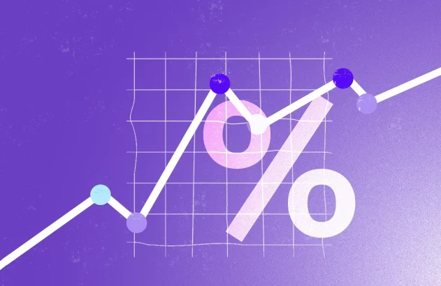 Imagem mostra um símbolo de percentual em um fundo roxo com um gráfico de linha apontado para cima