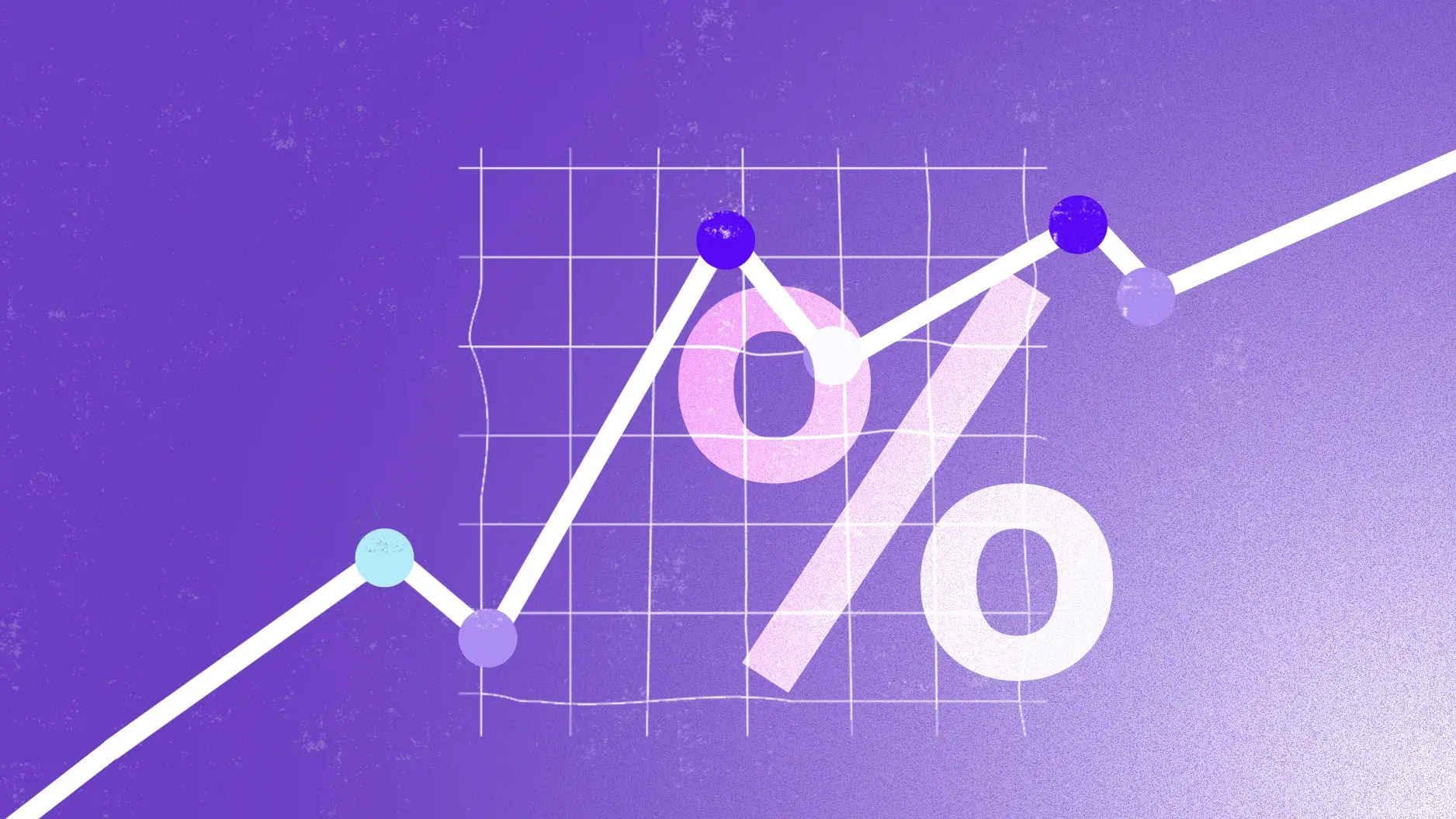 Imagem mostra um símbolo de percentual em um fundo roxo com um gráfico de linha apontado para cima