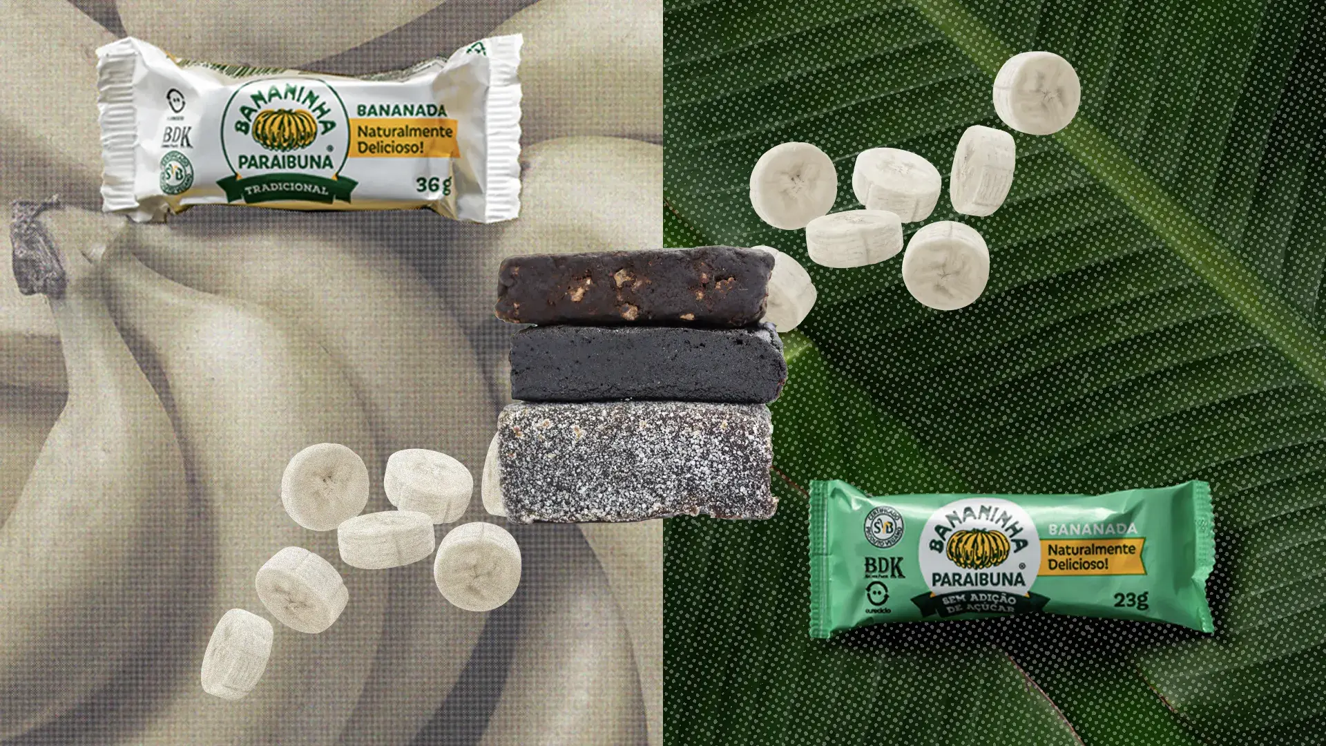 Montagem com imagens de produtos da Bananinha Paraíbuna. Ao celebrar 50 anos de história, Bananinha Paraíbuna chega à terceira geração familiar sem perder a conexão com suas raízes artesanais
