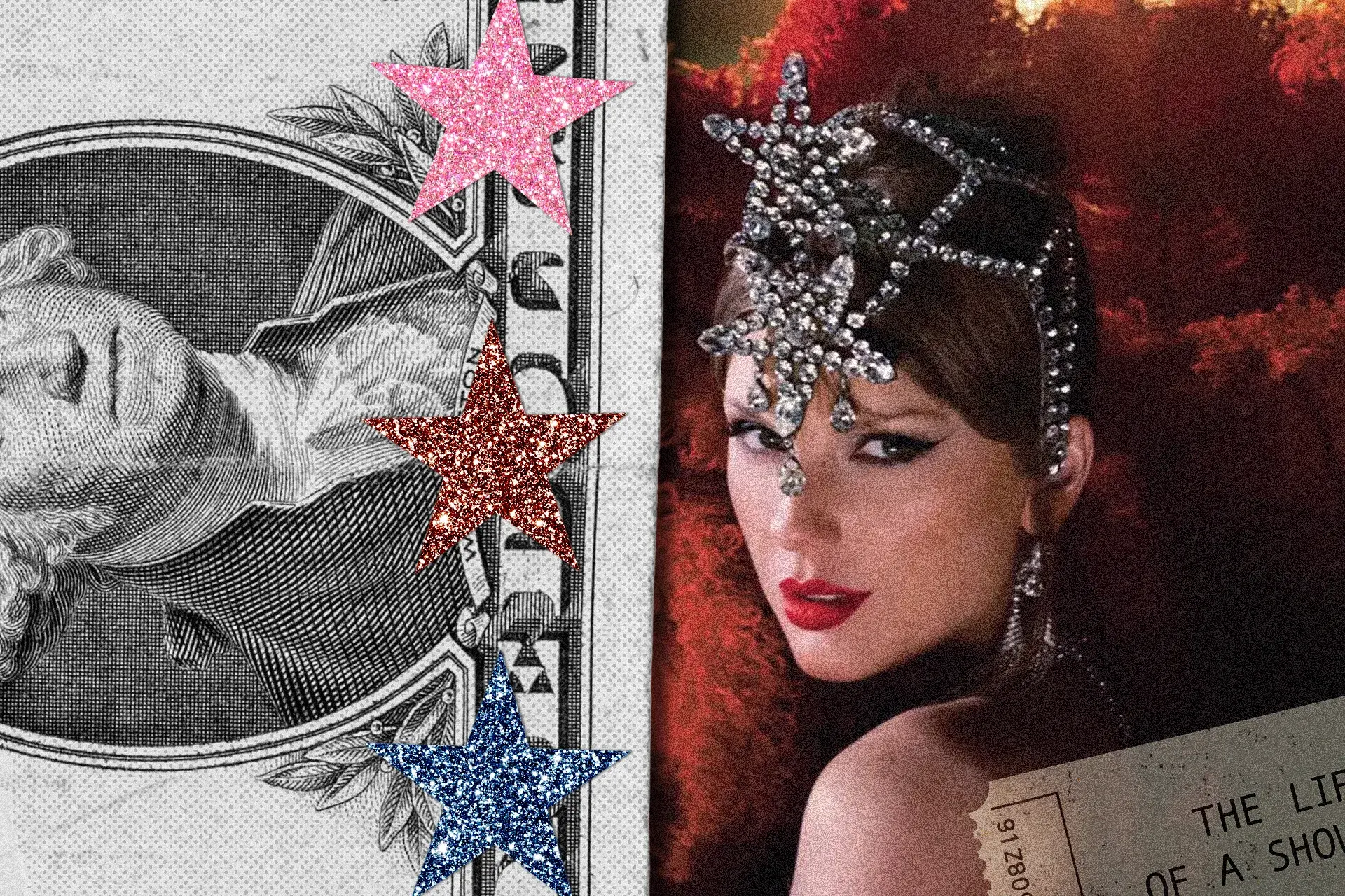 a woman with a crown and a dollar bill