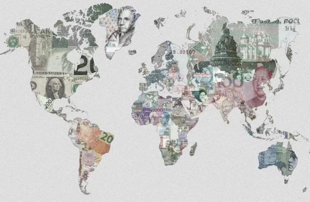 Mapa-múndi preenchido com notas de diferentes moedas de países, incluindo dólar, euro, iene, yuan, libra e real em várias cores.