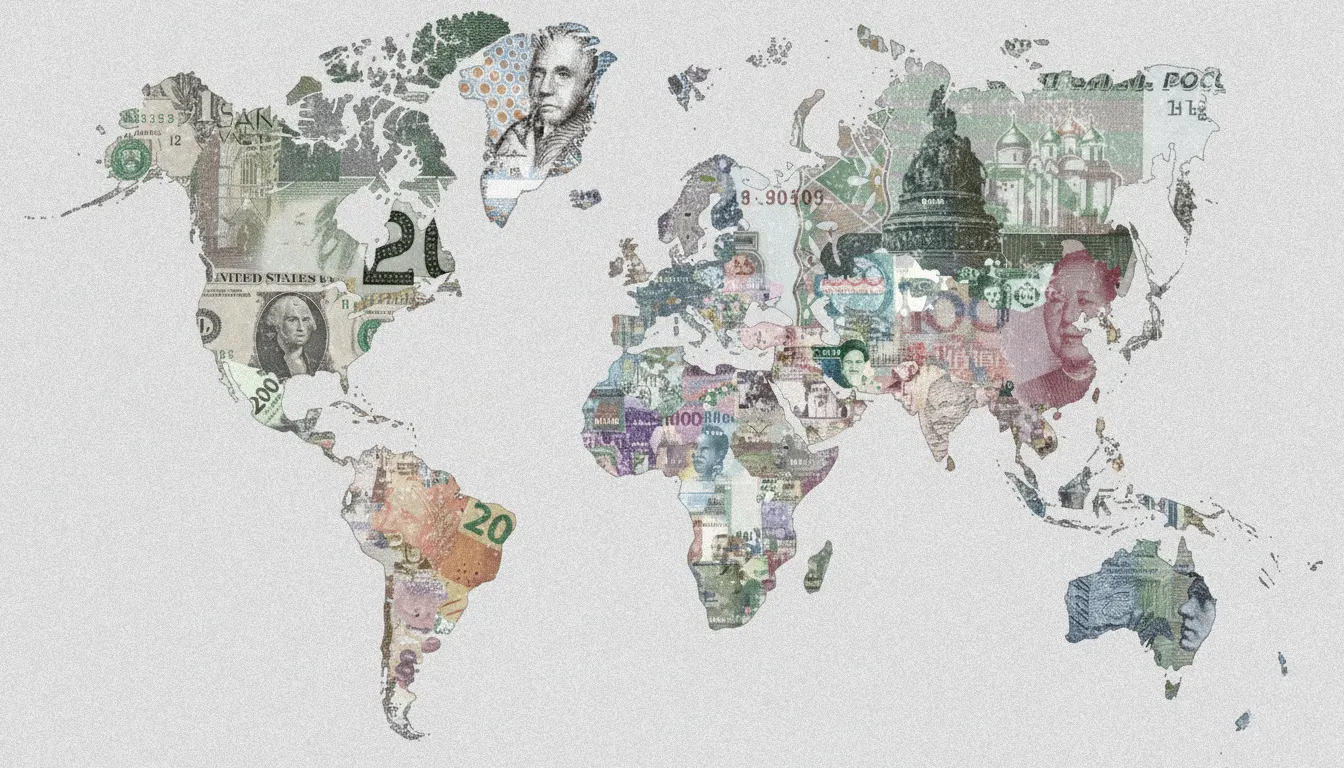 Mapa-múndi preenchido com notas de diferentes moedas de países, incluindo dólar, euro, iene, yuan, libra e real em várias cores.