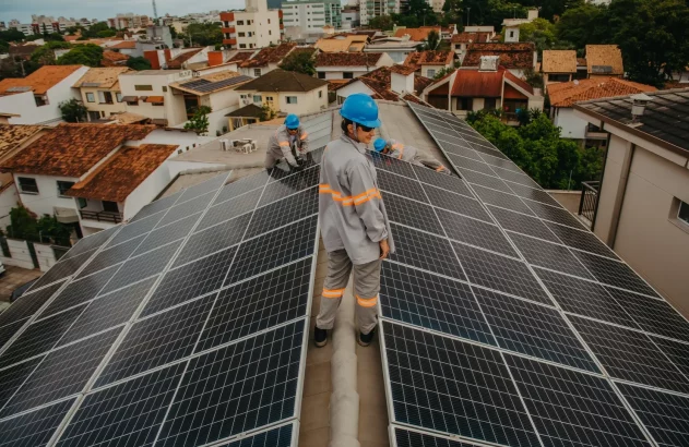 a group of men standing on a roof with solar panels