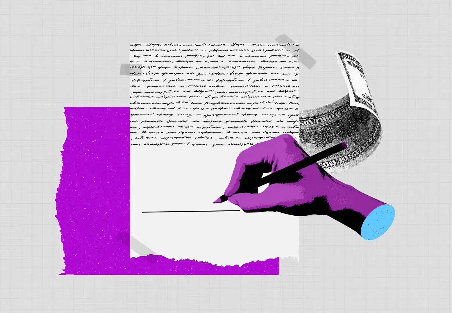 Ilustração de uma mão com um lápis sobre um testamento e uma nota de dólar para ilustrar a reportagem "PL do Imposto de Renda pode gerar bitributação sobre doações e heranças, dizem especialistas"