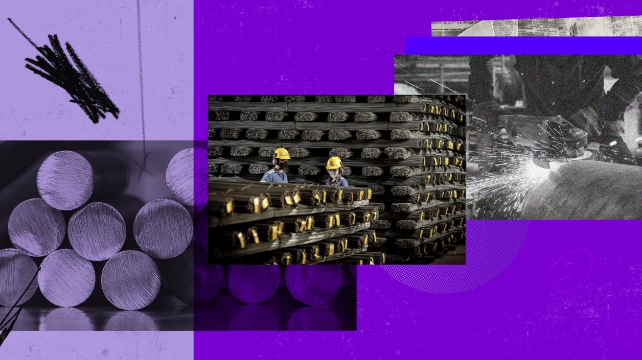 A imagem é uma composição visual que combina elementos industriais com uma estética moderna. No plano de fundo, predominam tons de roxo, que contrastam com elementos como barras de metal cilíndricas no canto esquerdo e faíscas de uma ferramenta de corte capturadas à direita. Ao centro, duas pessoas com capacetes de segurança estão diante de vergalhões de aço, sugerindo um ambiente de trabalho industrial associado à construção ou manufatura.