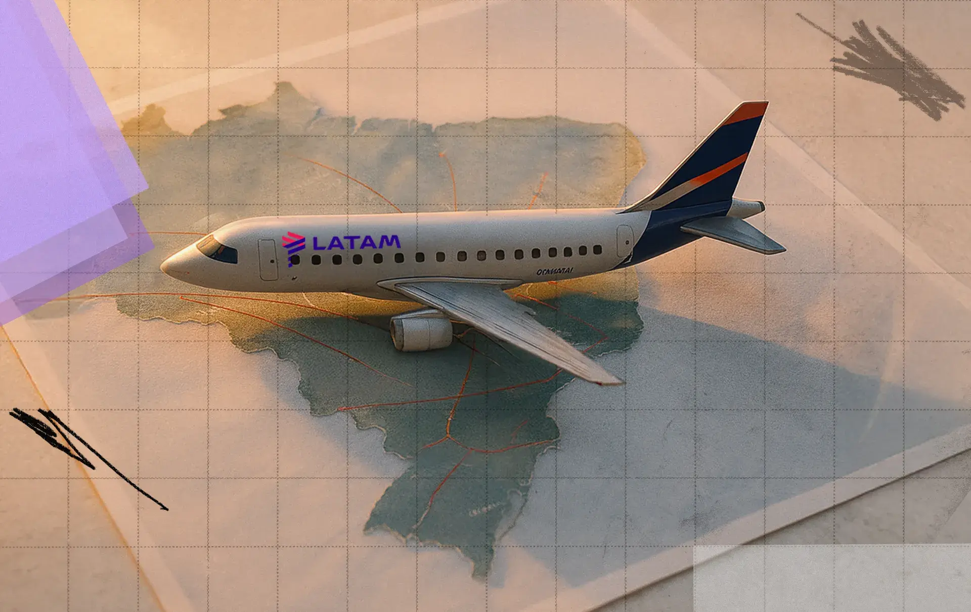 Aeronave da Latam sobre um mapa do Brasil