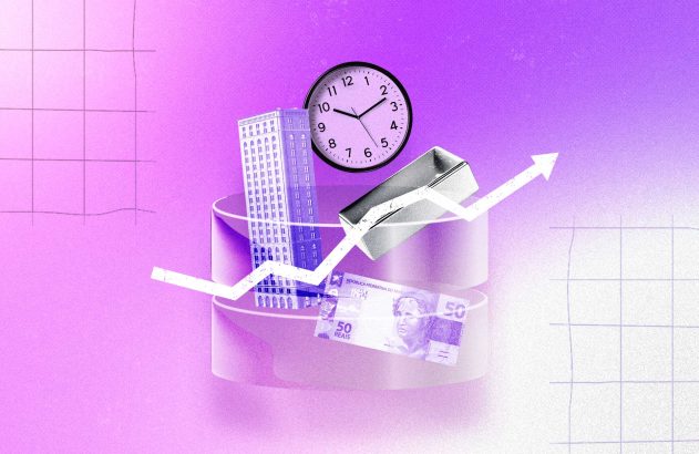 Ilustração conceitual sobre investimentos e mercado financeiro, com gráfico de alta em seta branca, relógio analógico, edifício corporativo, barra metálica e nota de 50 reais, dispostos sobre bases circulares. Fundo roxo com grades sugere tempo, crescimento econômico, renda, ativos financeiros e planejamento de longo prazo.