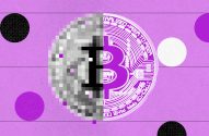 Imagem vetorial de uma moeda Bitcoin dividida: esquerda pixelizada em preto e branco, direita ilustração roxa e branca detalhada. Fundo roxo com linhas e círculos.
