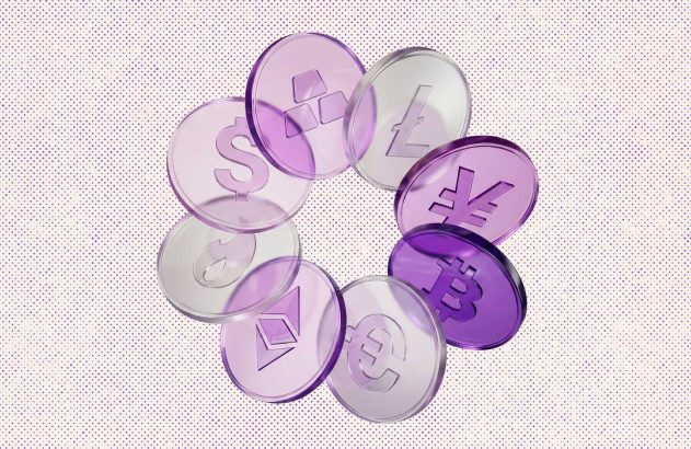 Ilustração 3D de moedas roxas transparentes em círculo, misturando criptomoedas como Bitcoin e Ethereum com Dólar, Euro e Ouro.