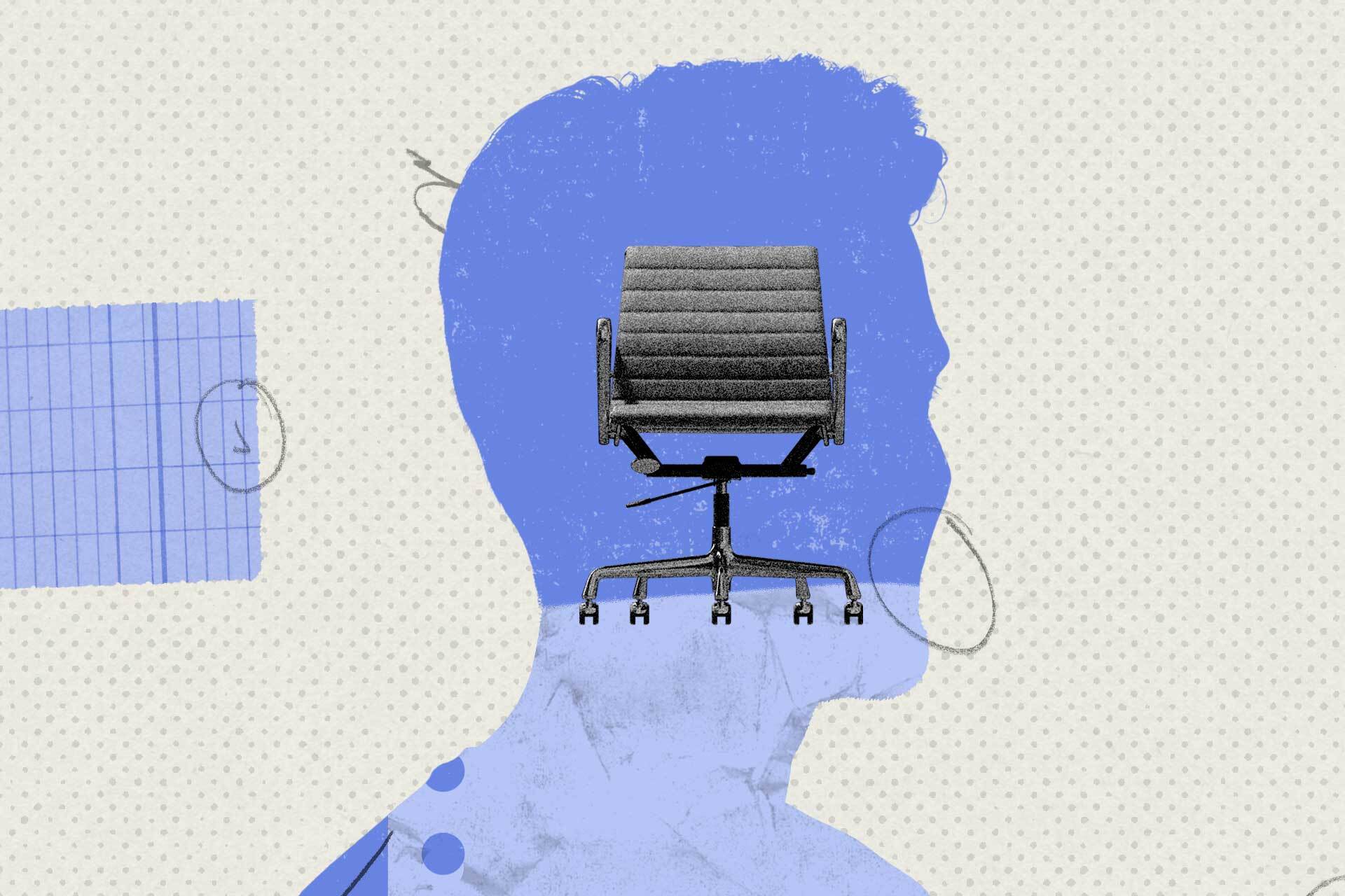 Imagem do busto de um homem com uma cadeira executiva vazia