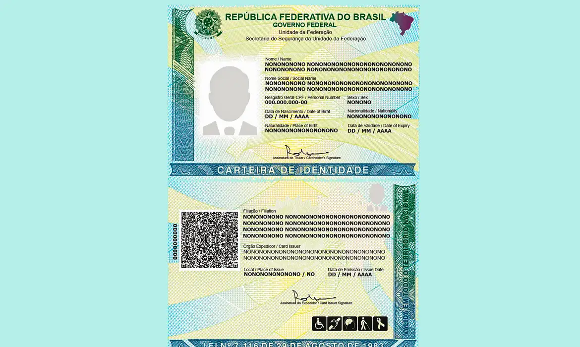 imagem do modelo do Documento Nacional de Identidade (CIN), o novo RG, que unifica o número de identificação ao CPF, traz QR Code para verificação de autenticidade e passa a ser o padrão oficial em todo o Brasil