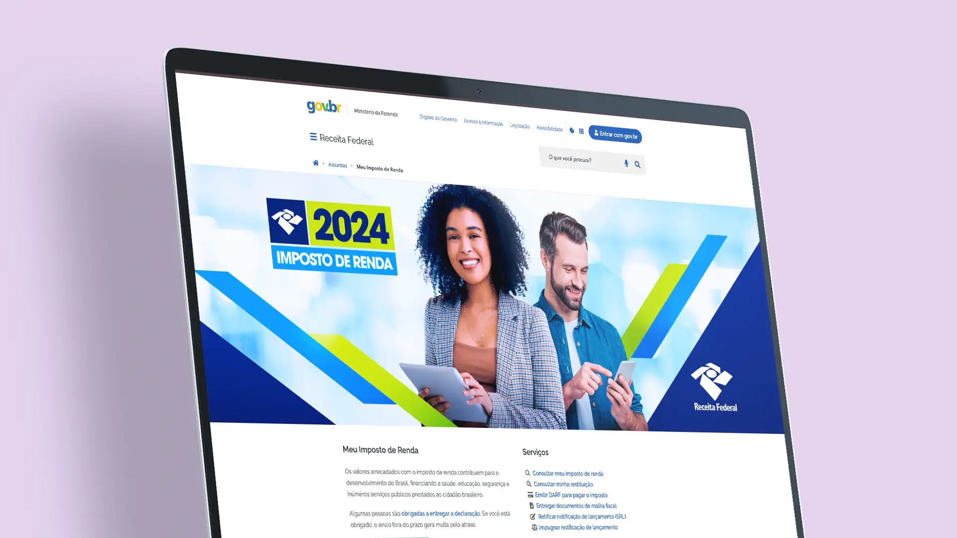 Imagem traz página da Receita Federal no site oficial do governo federal para ilustrar reportagem sobre declaração pré-preenchida do Imposto de Renda 2026
