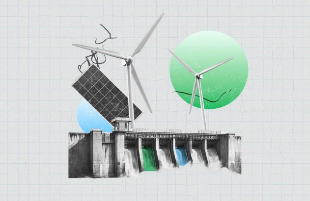 hidrelérica, painéis solares e usina eólica