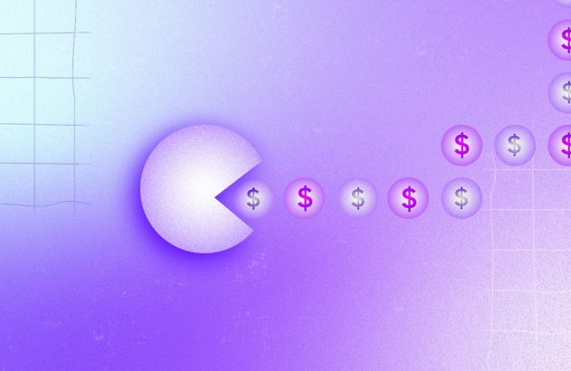 imagem de um ícone circular em um fundo lilás em degradê com outras imagens circulares com cifrão no meio