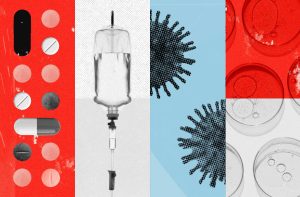 Ilustração de oncologia com comprimidos, cápsula, soro intravenoso, células tumorais e placas de cultura em laboratório.