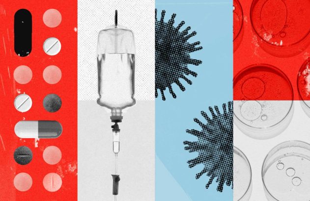 Ilustração de oncologia com comprimidos, cápsula, soro intravenoso, células tumorais e placas de cultura em laboratório.