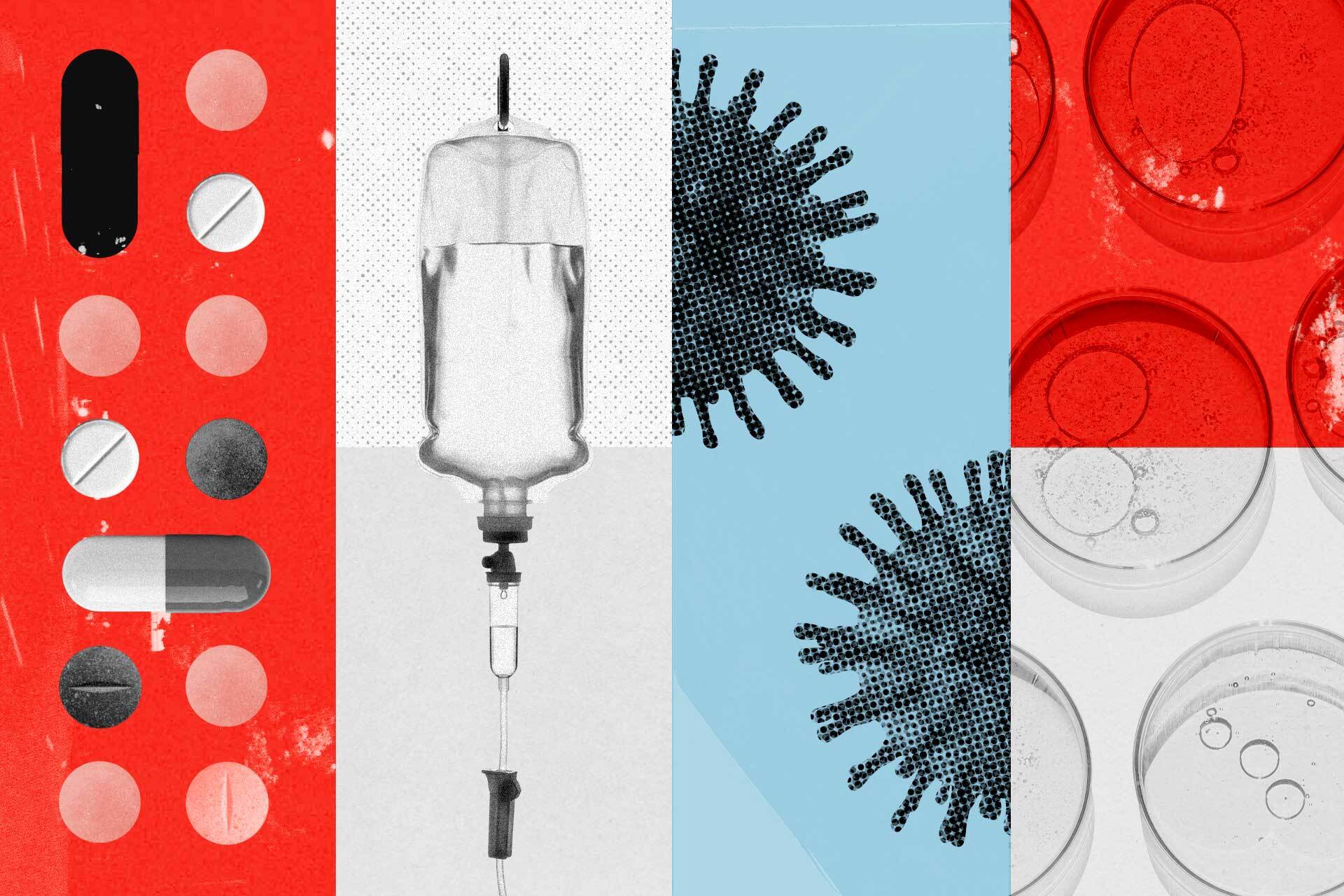 Ilustração de oncologia com comprimidos, cápsula, soro intravenoso, células tumorais e placas de cultura em laboratório.