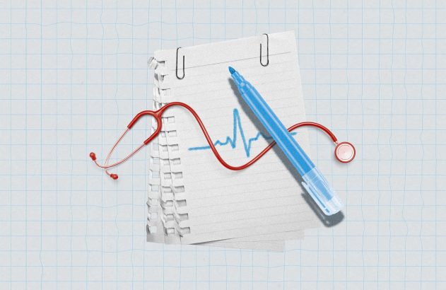 Ilustração sobre fundo quadriculado com bloco de notas, caneta azul, estetoscópio vermelho e o desenho de um batimento cardíaco.