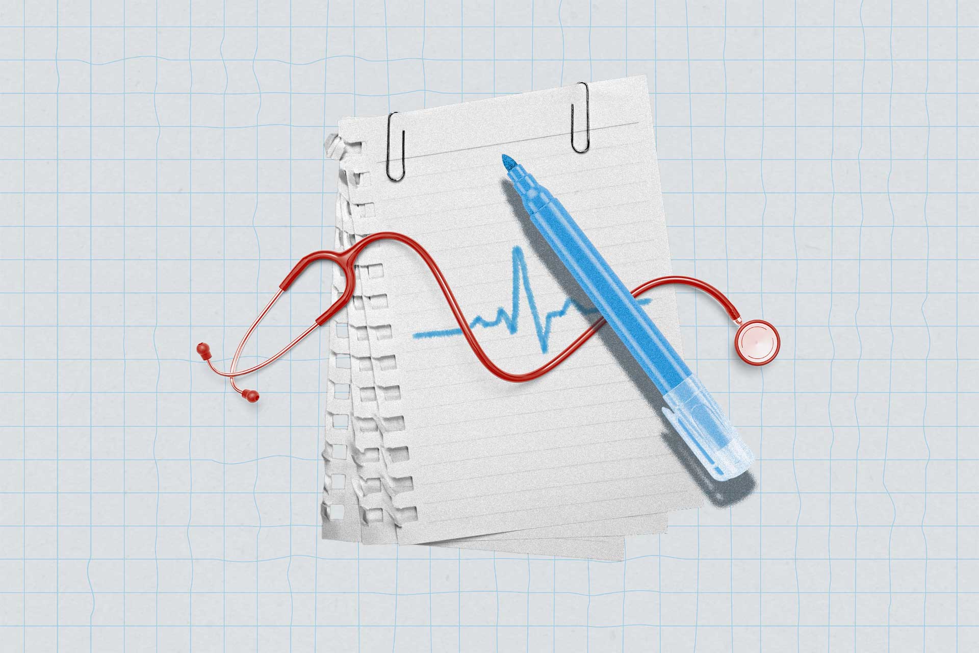 Ilustração sobre fundo quadriculado com bloco de notas, caneta azul, estetoscópio vermelho e o desenho de um batimento cardíaco.