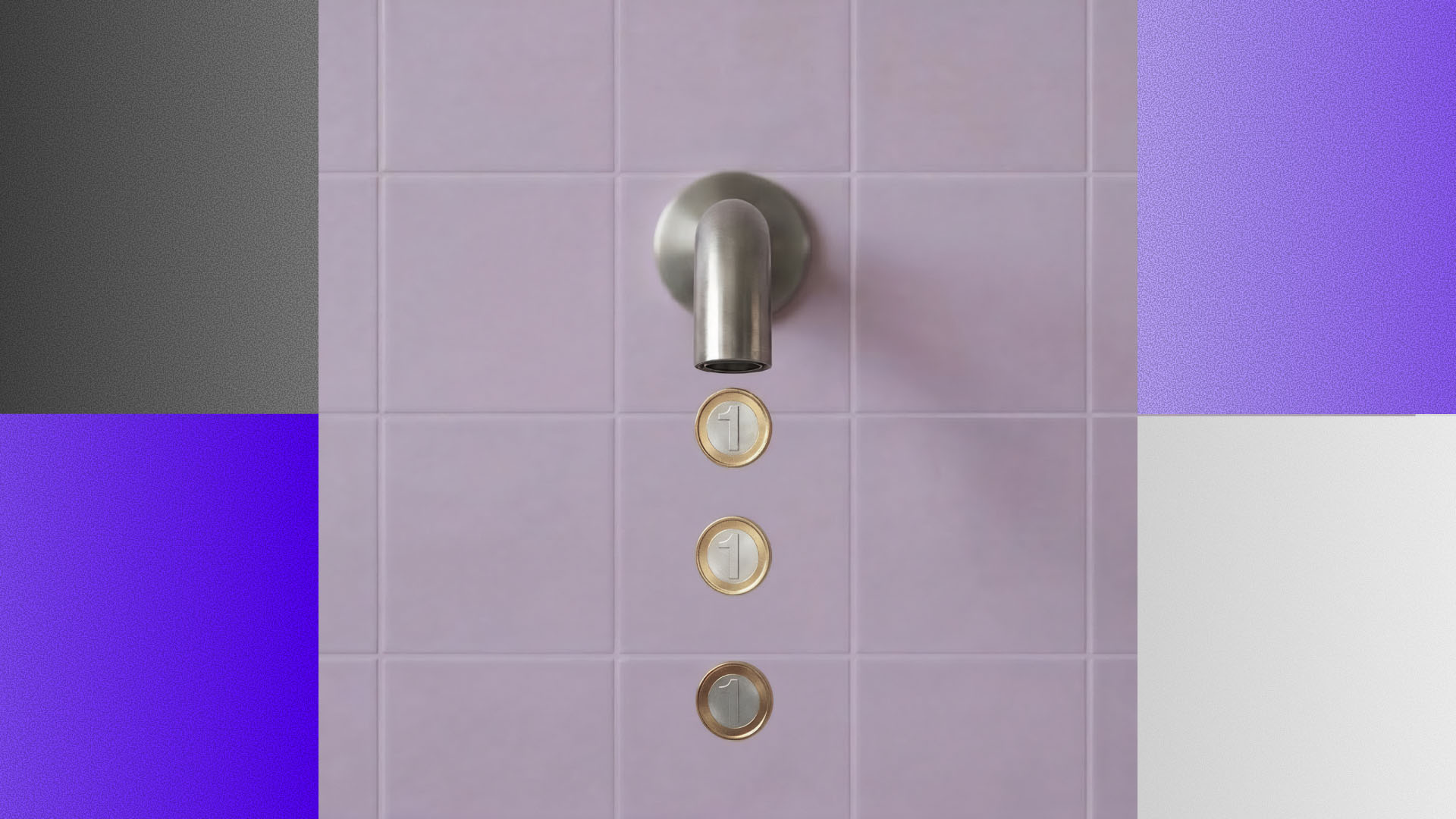 Torneira metálica pingando moedas de 1 euro sobre azulejos — ilustração de renda passiva e geração de dinheiro constante.