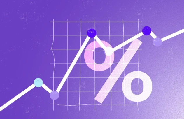 Imagem mostra um símbolo de percentual em um fundo roxo com um gráfico de linha apontado para cima
