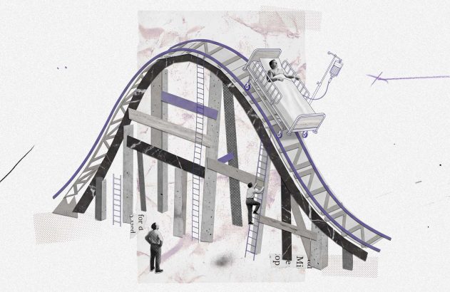 Ilustração editorial mostra maca hospitalar descendo montanha-russa com figuras subindo escadas pela estrutura