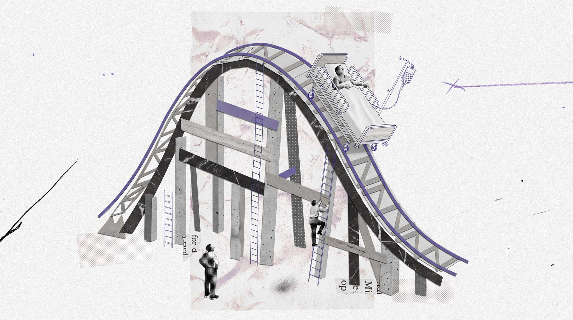 Ilustração editorial mostra maca hospitalar descendo montanha-russa com figuras subindo escadas pela estrutura