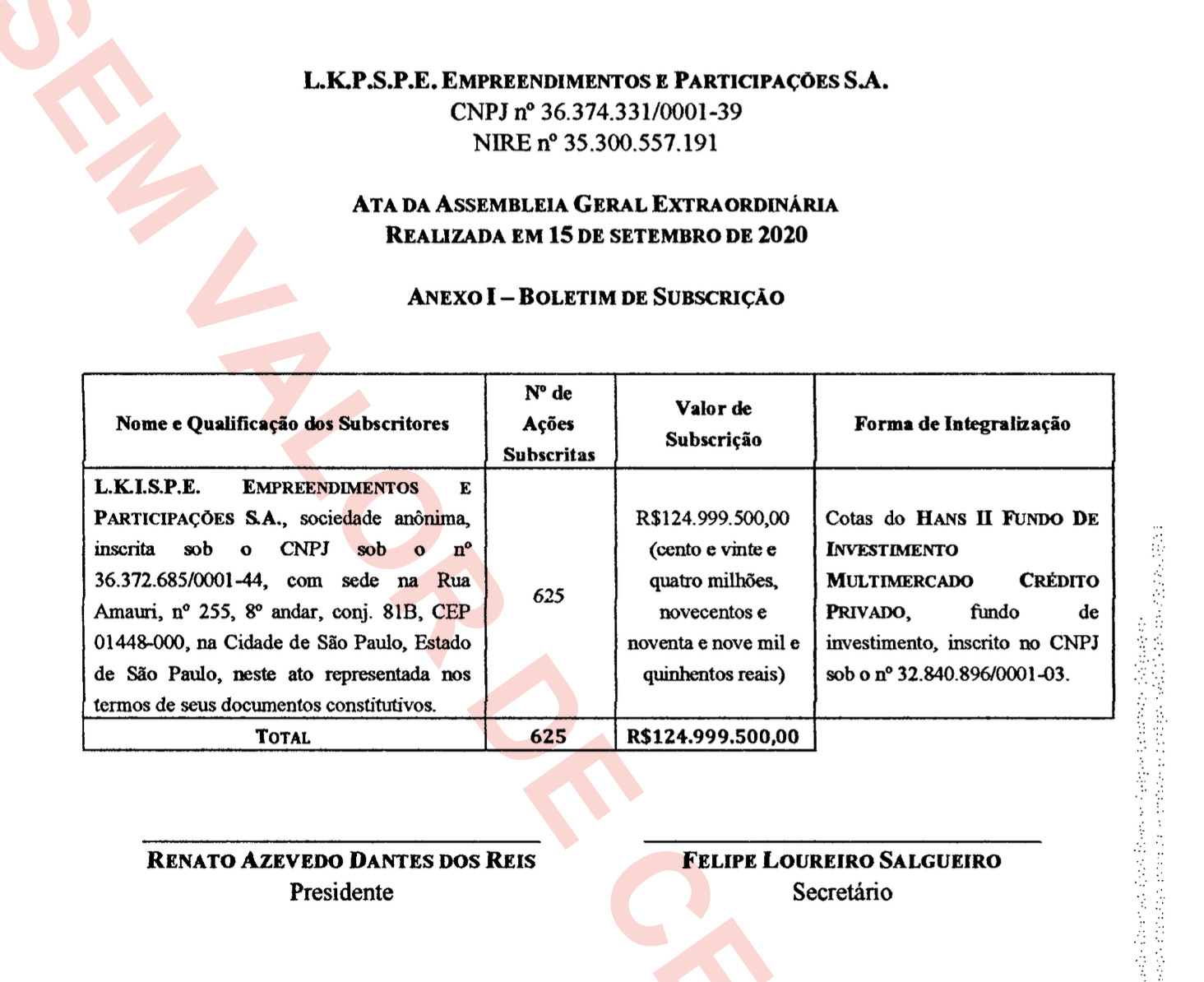 Documento de empresa administrada por Renato Azevedo recebendo cotas do fundo Hans II