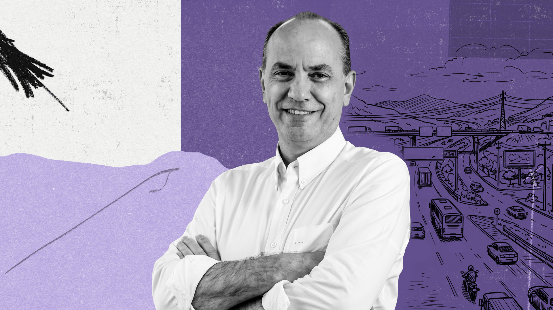 A imagem mostra Fernando Simões, CEO da Simpar sorrindo e atrás dele uma colagem em tons de lilás com um desenho no estilo sketch de uma rodovia