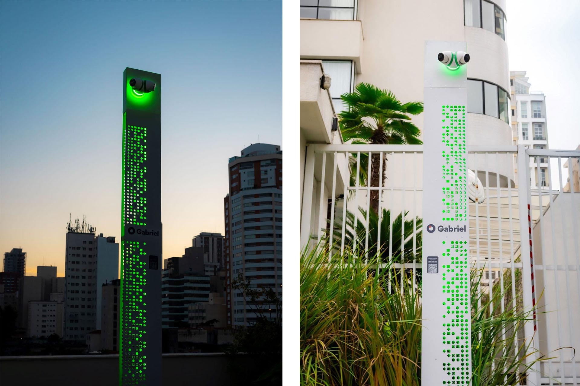 Totem de segurança da Gabriel instalado em área urbana, com câmeras voltadas para a rua e iluminação em LED verde.